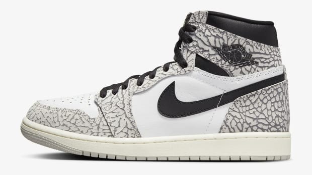 Side view of a black and white Air Jordan sneaker.